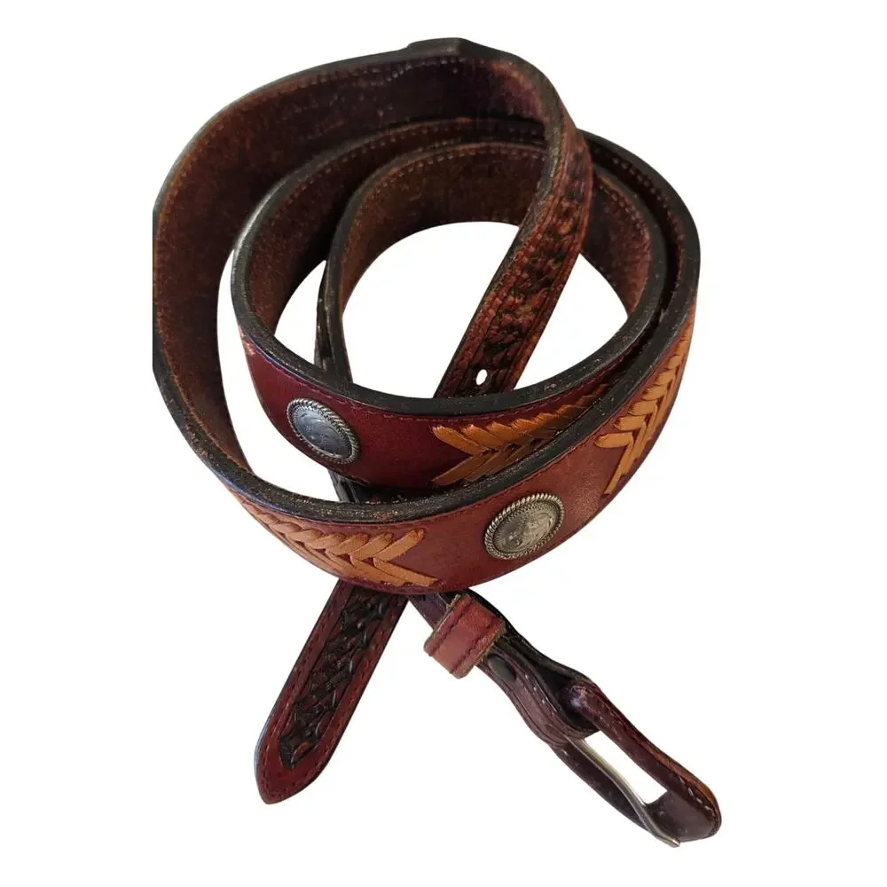 Vintage Handcrafted Western Leather Belt Mens 44 Silver Concho Tooled